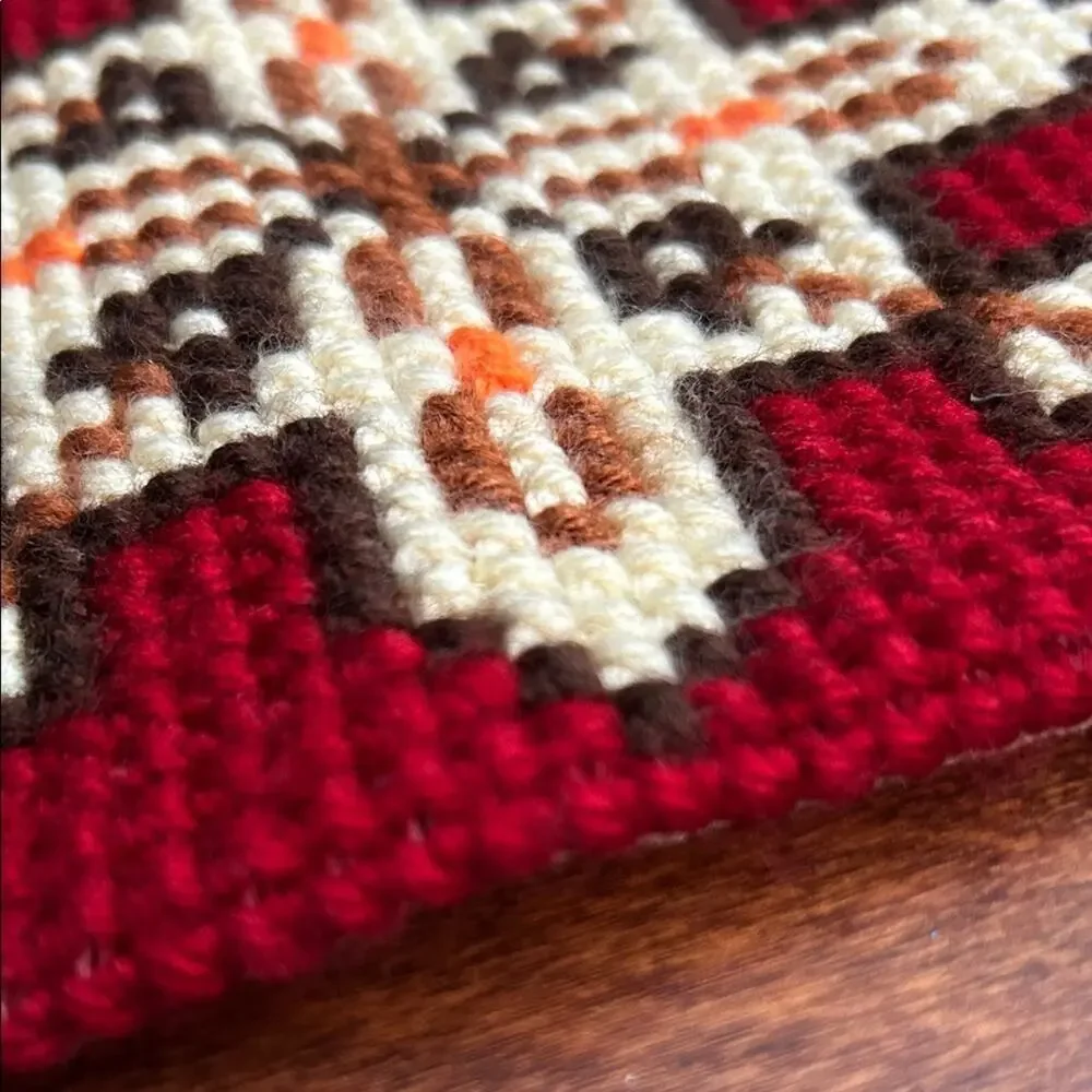 Vintage Bell Pull Red and Cream Needlepoint Wall Hanging, Scandinavian Style